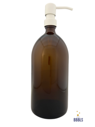 A brown glass soap dispenser with a premium white pump, holding 1 liter of liquid.