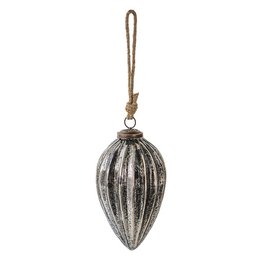 Black glass ornament with ribbed texture, approximately 9 cm tall and 17 cm in diameter, with a hanging loop for display.