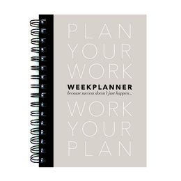 A spiral-bound planner with the title "Plan Your Work" on the cover. The planner has a simple, minimalist design with black and white colors. The inside pages show a weekly layout with sections for planning tasks and activities.