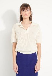 AVA 1 Short-sleeved cashmere polo shirt with ecru white pointelle knit