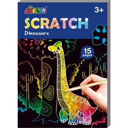 Scratch art book with dinosaur designs, includes 15 scratch cards with colorful dinosaur illustrations.