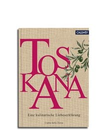 A hardcover book with the title "Toskana" in large pink text against a beige background. The cover also features a small floral illustration in the corner.