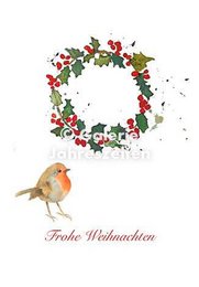  "Christmas card with robin bird, festive wreath, red envelope, German holiday greeting"