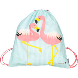 Flamingo-patterned activity bag for kids, featuring two pink flamingos against a light blue background. The bag has drawstring closures and is suitable for use as a backpack or gym bag.