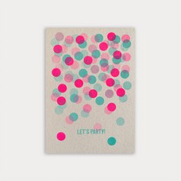  "Eco-friendly postcard with colorful confetti-style dots and the text 'Let's Party!' Suitable for party invitations, celebrations, and festive occasions."