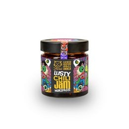 Organic Lusty Chili Jam spice paste, vegan, 180g. Vibrant, colorful label with playful graphics. Chili-based sauce or paste for cooking.