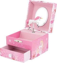 A pink musical jewelry box with a unicorn design, featuring a drawer and a mirror. The box is decorated with floral patterns and has a whimsical, feminine aesthetic.