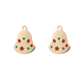 Pair of gold-tone stud earrings featuring Christmas bell shapes with red and green enamel accents.