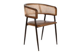  A brown rattan armchair with a wooden frame and leather seat. The chair has a curved backrest and armrests, and is designed for comfort and style.