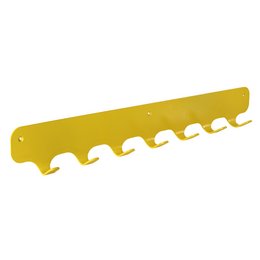 A yellow, rounded wall-mounted coat rack with 7 hooks for hanging coats, jackets, and other items.
