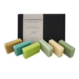 A set of 6 natural soap bars in various scents including vetiver, citron vert, tilleul, chanvre, eucalyptus, and citron broyé. The soap bars are packaged in a gift box.