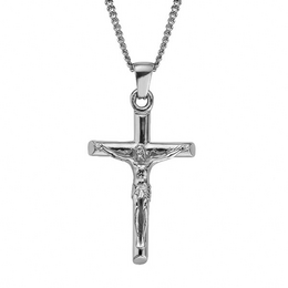 Silver-toned crucifix pendant on a chain necklace. The crucifix features a detailed depiction of Jesus Christ on the cross.
