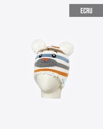 Striped knit hat for kids featuring a cute monster design with ears and a playful expression. Made of soft, warm material in a neutral ecru color palette.