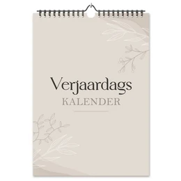  A beige wall calendar with the title "Verjaardags Kalender" (Birthday Calendar) in a minimalist, marble-like design. The calendar pages show the month of January with space for writing down birthdays and other events.