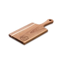  Rectangular wooden cutting board made of natural wood, measuring 38cm x 15.5cm, with a handle for easy grip and transport.