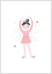 A whimsical A4-sized poster featuring a fairy with wings in a pink dress, surrounded by stars.