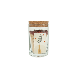  Glass container with matches, cork lid, and leaf design. Matches in a mini glass container with a cork lid and leaf design.