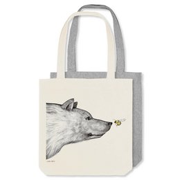 Burlap bag with a wolf illustration, available in natural and gray colors, suitable for shopping and everyday use.