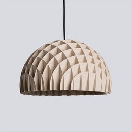 Ceiling lamp with a plywood dome-shaped shade featuring a geometric triangular pattern, creating a warm and modern lighting fixture for pendant lighting in a dining room or living space.