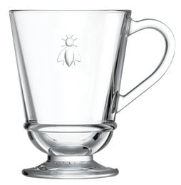 Set of 6 clear glass mugs with bee design, 27.5 cl capacity, suitable for tea or coffee.