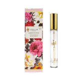 Floral, feminine, and elegant eau de parfum with notes of rose, peony, and jasmine. Packaged in a glass bottle with a gold cap and floral design.