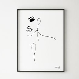 "Line art print of a woman's face and figure. Minimalist, abstract design in black and white."