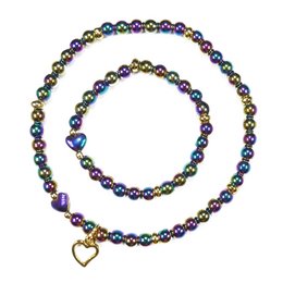 Multicolor hematite beaded bracelet with heart charms, suitable for mother and daughter.