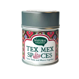 Tex Mex spice mix in a tin container with a colorful, patterned label. The spice mix contains a blend of spices and herbs commonly used in Tex-Mex cuisine.