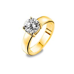 Gold-plated solitaire ring with 8mm white zirconia stone, available in sizes 50, 56, and 60.