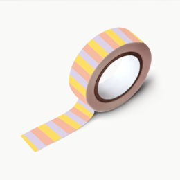 Colorful striped washi tape in pastel shades of yellow, pink, and white. Decorative adhesive tape for crafting, scrapbooking, and DIY projects.