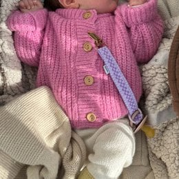 Purple lavender pacifier clip with wooden beads, knitted fabric attachment, baby accessory