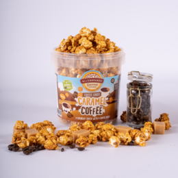 Caramel coffee-flavored popcorn with a crunchy texture and coffee kick.