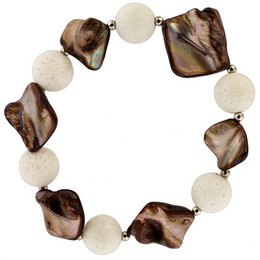  White and brown beaded bracelet with coral and mother of pearl accents.