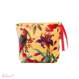  Honey yellow shoulder pouch with vibrant floral print, colorful flowers and birds, fabric material, tropical botanical design.