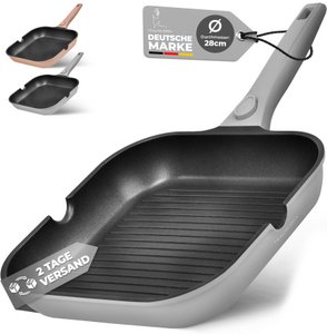 Grillpfanne 28 cm, Antihaftbeschichtung, abnehmbare Griffe, Induktion, backofenfest (grau)