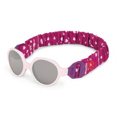 Children's sunglasses with a colorful, patterned elastic strap in various designs including animals, flowers, and polka dots. The sunglasses have a round, oval shape and provide UV protection.