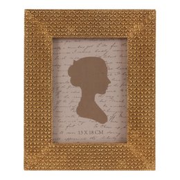 Rectangular photo frame with ornate gold-colored border, featuring a silhouette image against a handwritten background.