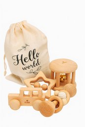 Wooden toy set "Hello World" featuring various wooden shapes and vehicles in a natural, neutral color palette. Suitable for young children to play and explore.