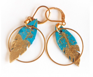 Cyan blue leather feather hoop earrings