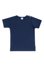 Navy blue short-sleeved baby shirt made of soft, comfortable cotton material.
