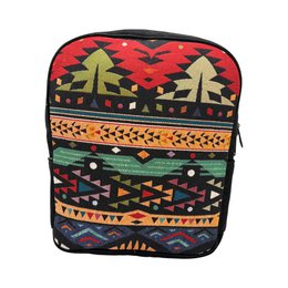 Black backpack with colorful geometric pattern, suitable for outdoor activities.