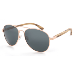 Gold-framed aviator sunglasses with dark gray lenses and wooden temple arms.