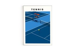 A vibrant, minimalist wall art print depicting a tennis court with a net and tennis ball. The print features a bold, blue color scheme and clean, geometric shapes, capturing the essence of the sport of tennis.
