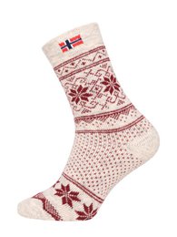  Pair of warm, woolen socks featuring a traditional Norwegian flag and snowflake pattern design in shades of beige, burgundy, and navy.
