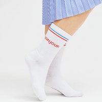 Organic socks Bonjour - white tennis socks with stripes and lettering