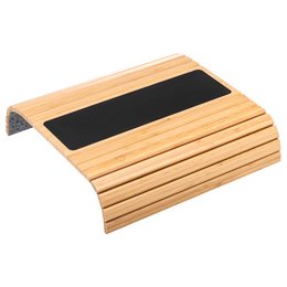 Natural bamboo sofa arm tray with black accent strip, designed to hold drinks, snacks, or remote controls while relaxing on the couch.