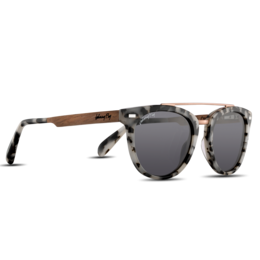 Stylish captain sunglasses in various colors and materials including marble grey, zebrawood, smoke polarized, crystal clear, walnut, matte black, teak, and white tortoise. Designed for both ladies and men.