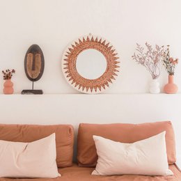 Specchio Boho rotondo 60 cm | Specchio da parete intrecciato fatto a mano AWAN | Decorazione da parete con motivo realizzato con cordoncini di cotone