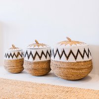 Laundry Basket with Lid – Boho Laundry Hamper Round – Large Boho Basket – Woven Basket with Cotton Pattern PALEM (3 sizes Ø33/43/55cm)
