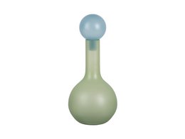  Tall, round green glass vase with a blue glass sphere on top.